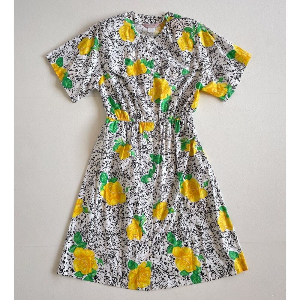 Vtg 80s Yellow Rose Short Sleeve Cotton Midi Dress / Sz 16 Retro Memphis Design